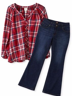 Women’s Outfit Bundle XL 2X Plaid Blouse + Lee Bootcut Jeans Casual Set